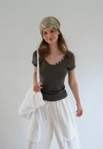 V Neck Short Sleeve Tshirt with Button Detail