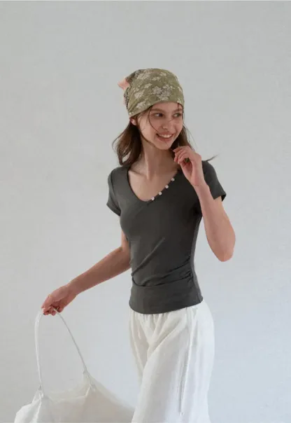 V Neck Short Sleeve Tshirt with Button Detail