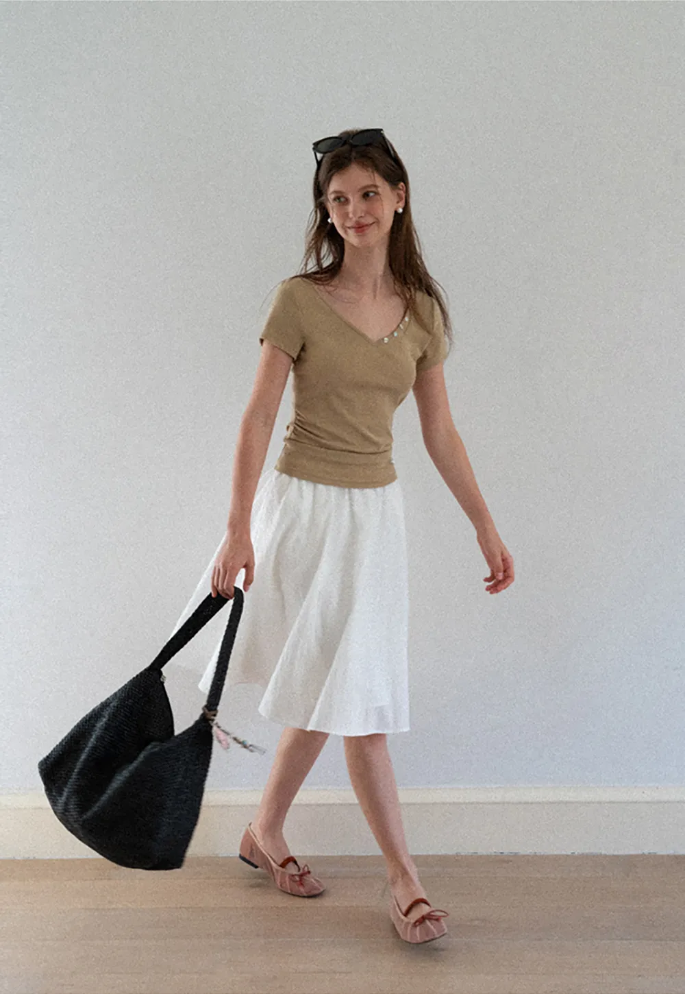 V Neck Short Sleeve Tshirt with Button Detail