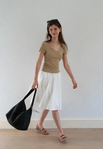 V Neck Short Sleeve Tshirt with Button Detail