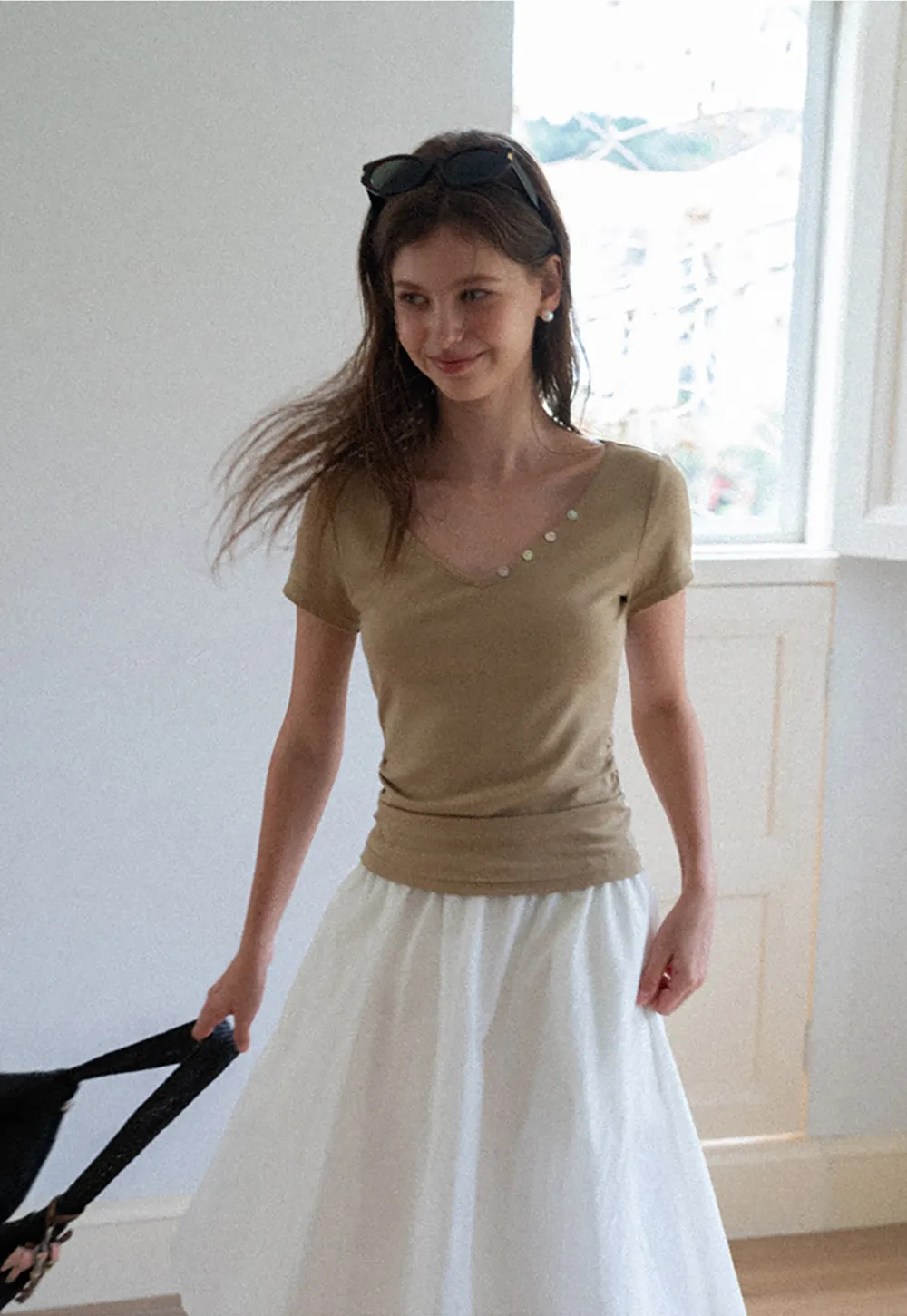 V Neck Short Sleeve Tshirt with Button Detail