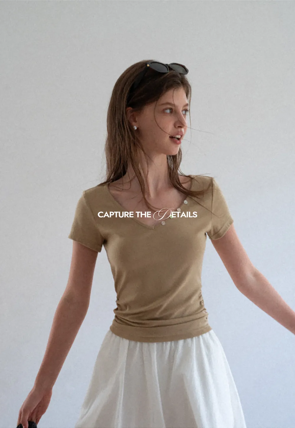 V Neck Short Sleeve Tshirt with Button Detail