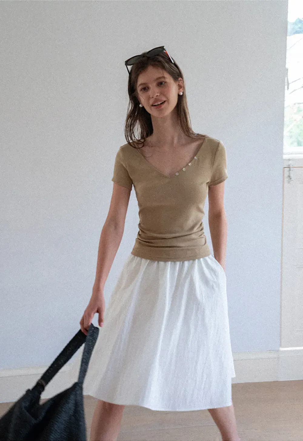 V Neck Short Sleeve Tshirt with Button Detail