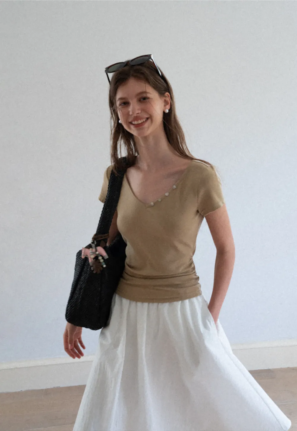 V Neck Short Sleeve Tshirt with Button Detail