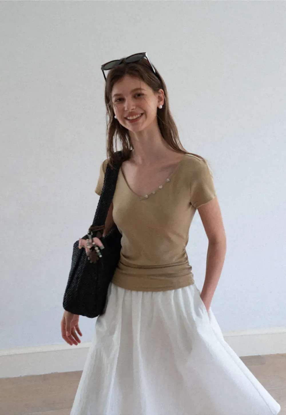 V Neck Short Sleeve Tshirt with Button Detail