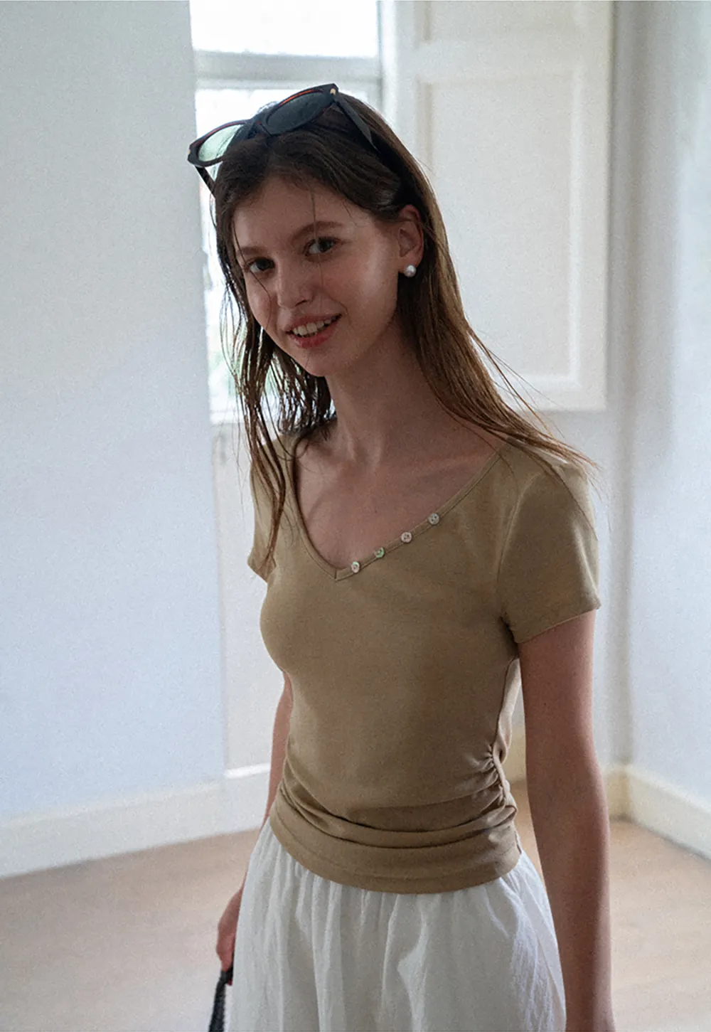 V Neck Short Sleeve Tshirt with Button Detail
