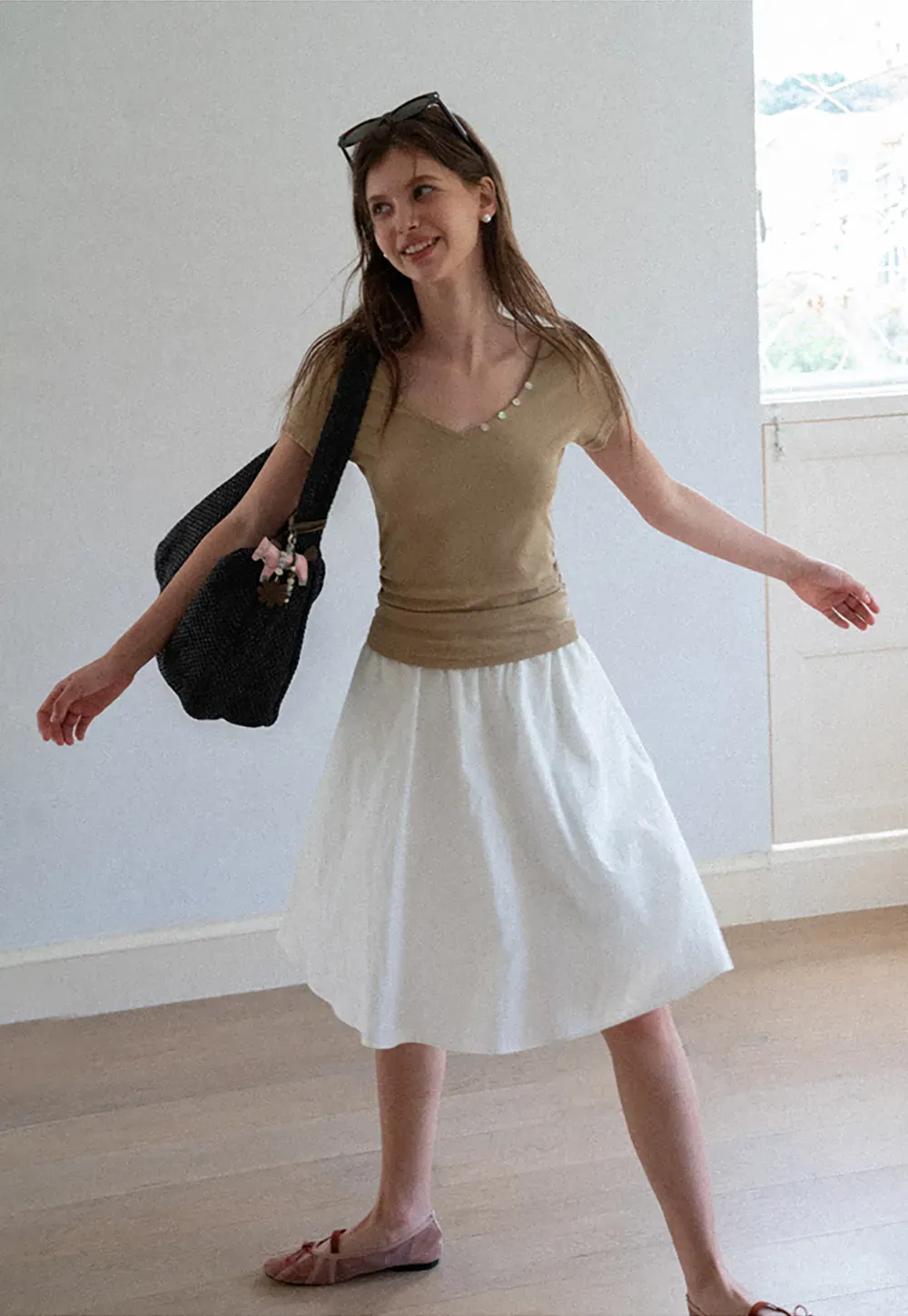 V Neck Short Sleeve Tshirt with Button Detail