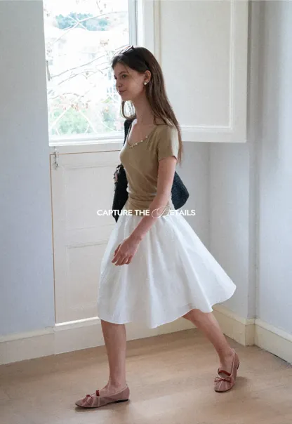 V Neck Short Sleeve Tshirt with Button Detail
