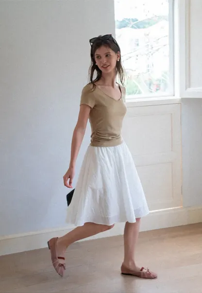 V Neck Short Sleeve Tshirt with Button Detail