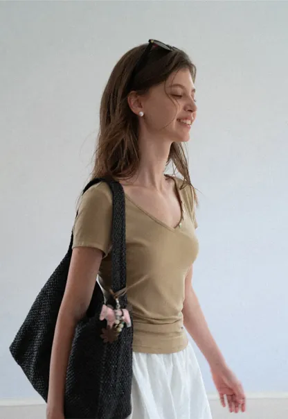 V Neck Short Sleeve Tshirt with Button Detail