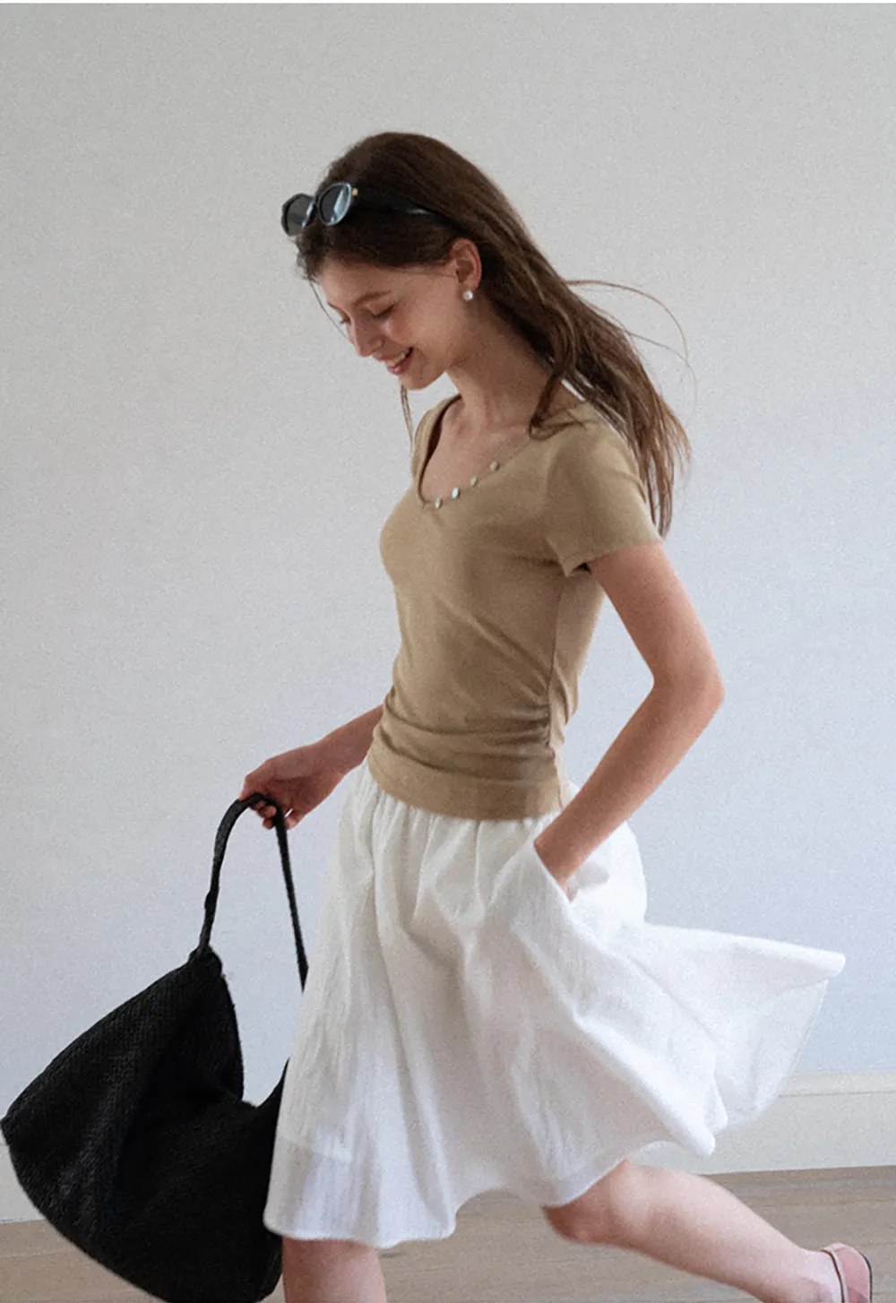 V Neck Short Sleeve Tshirt with Button Detail