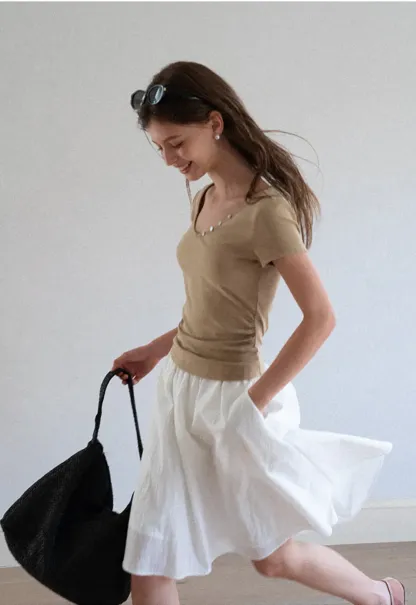 V Neck Short Sleeve Tshirt with Button Detail