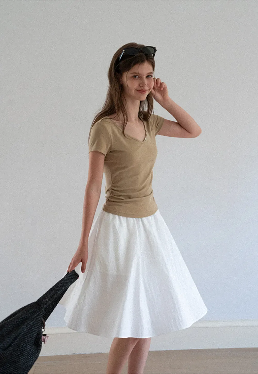 V Neck Short Sleeve Tshirt with Button Detail