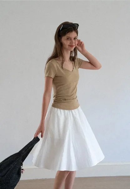 V Neck Short Sleeve Tshirt with Button Detail