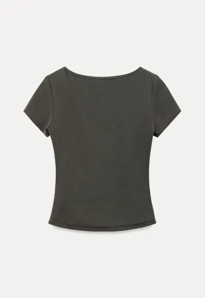 V Neck Short Sleeve Tshirt with Button Detail