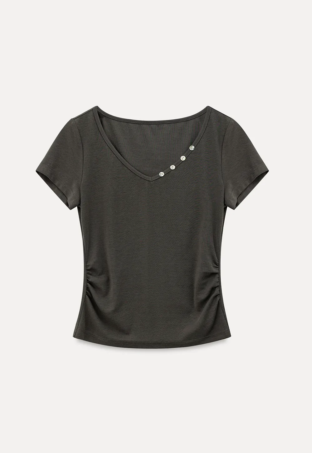 V Neck Short Sleeve Tshirt with Button Detail