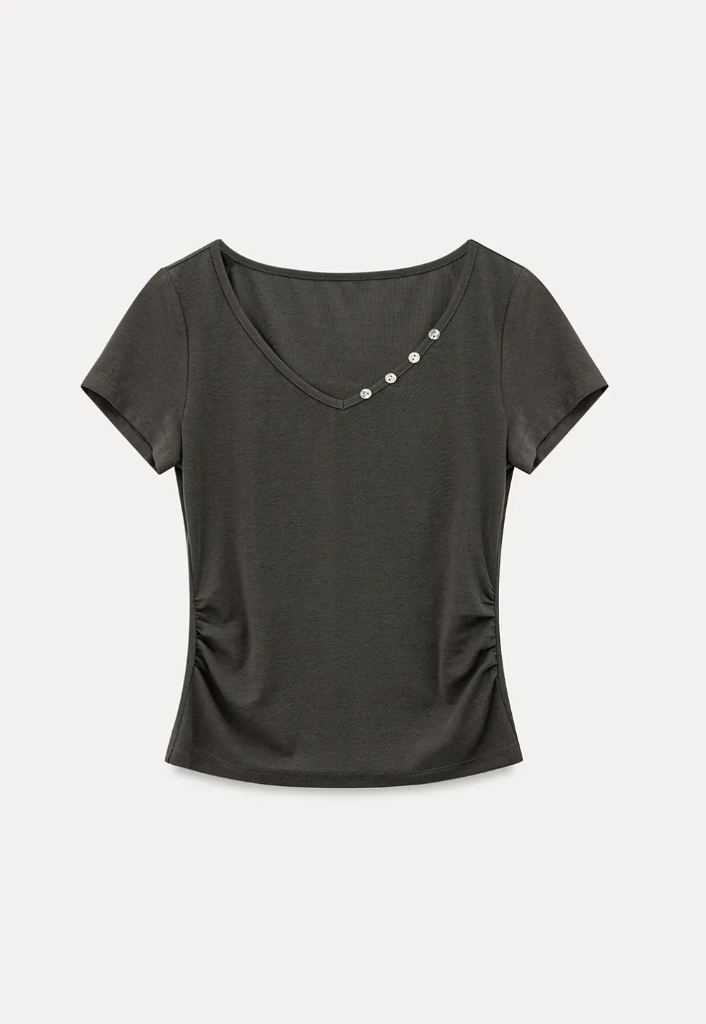 V Neck Short Sleeve Tshirt with Button Detail