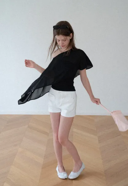 Asymmetrical Sheer Panel Off Shoulder T Shirt
