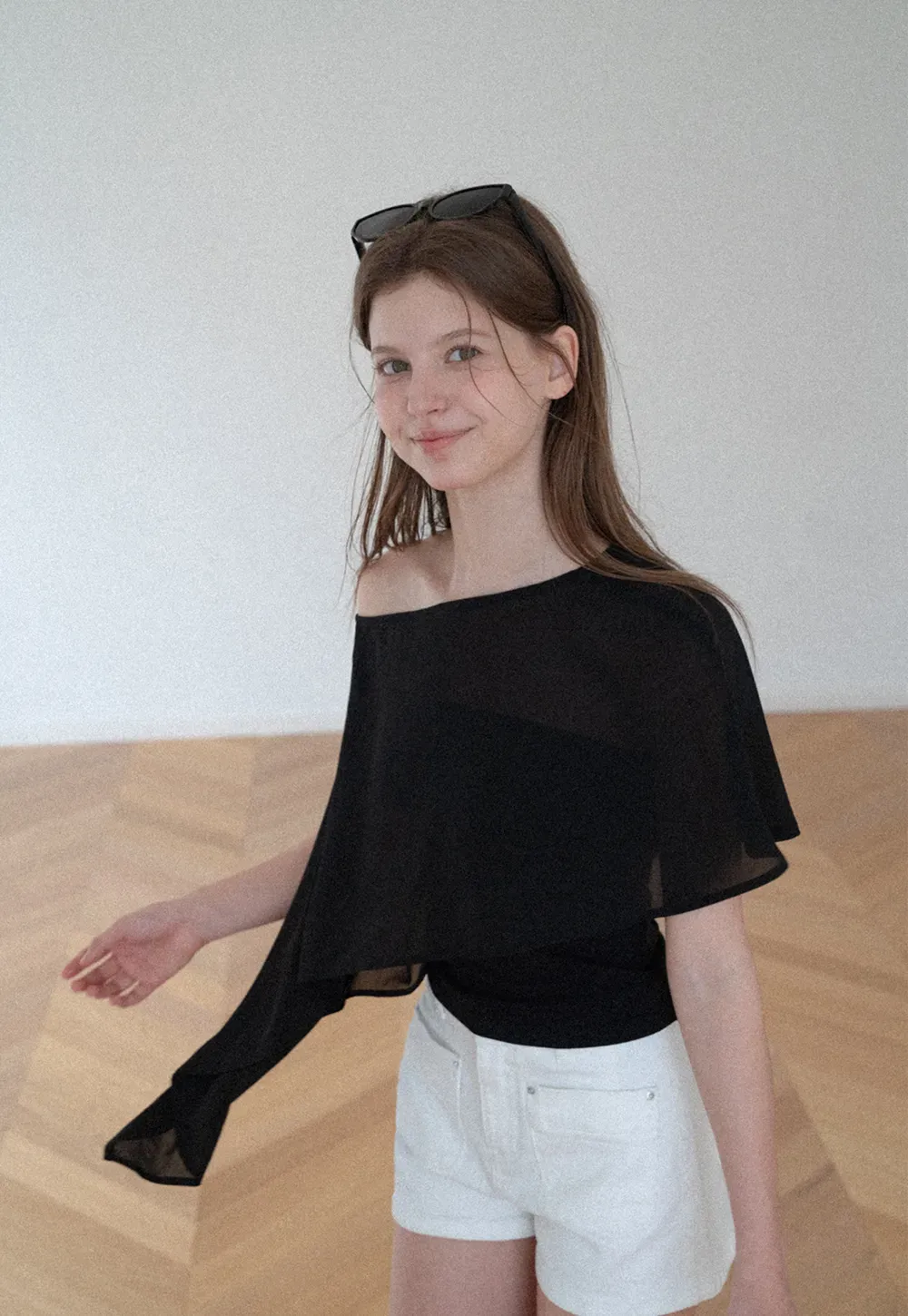 Asymmetrical Sheer Panel Off Shoulder T Shirt