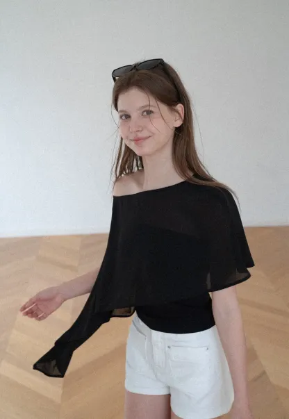 Asymmetrical Sheer Panel Off Shoulder T Shirt