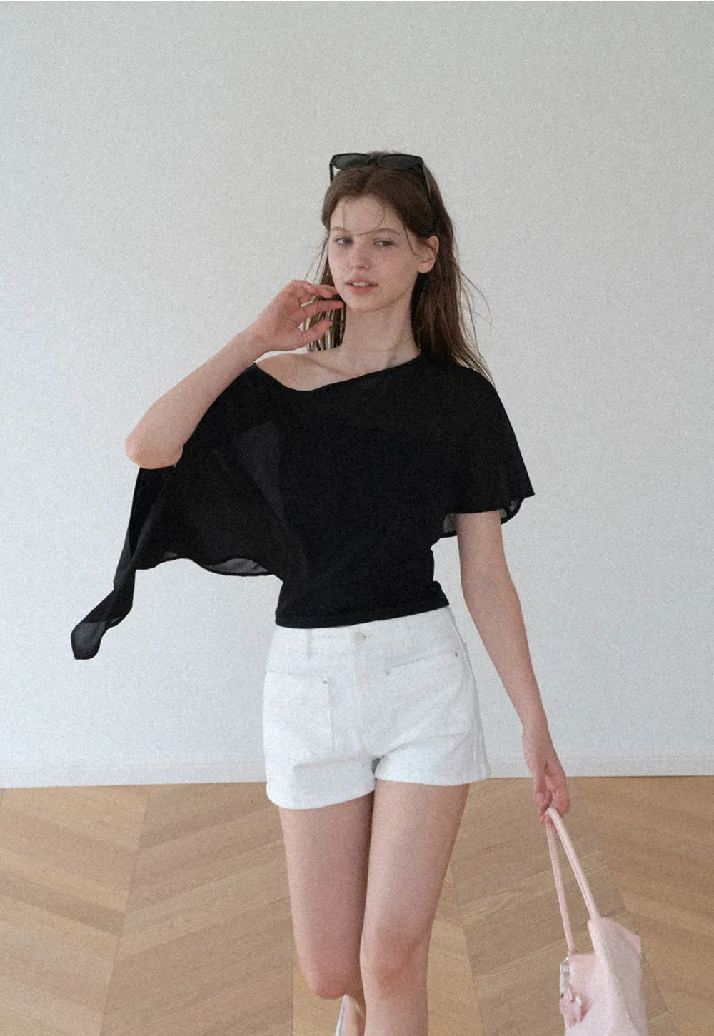 Asymmetrical Sheer Panel Off Shoulder T Shirt