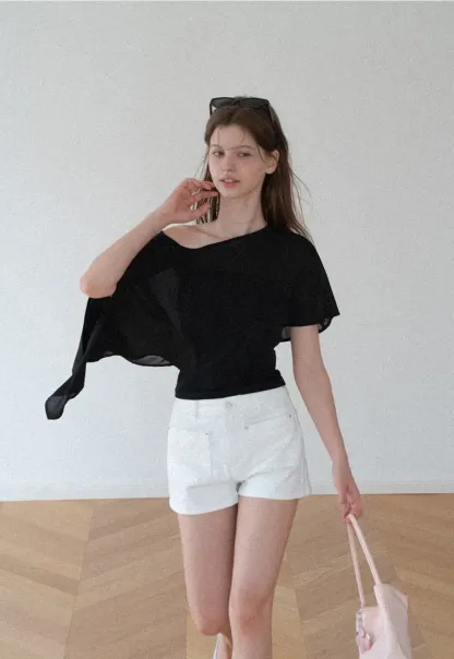 Asymmetrical Sheer Panel Off Shoulder T Shirt