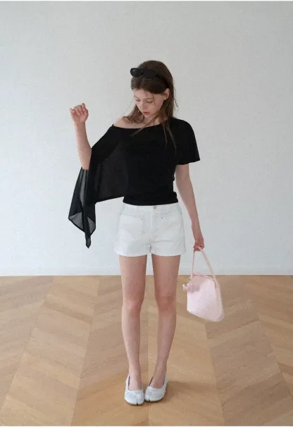 Asymmetrical Sheer Panel Off Shoulder T Shirt