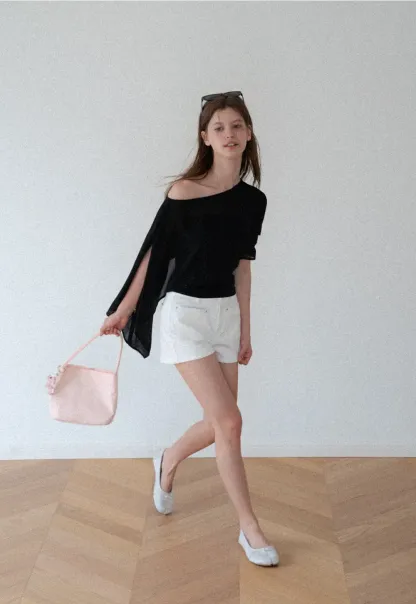 Asymmetrical Sheer Panel Off Shoulder T Shirt