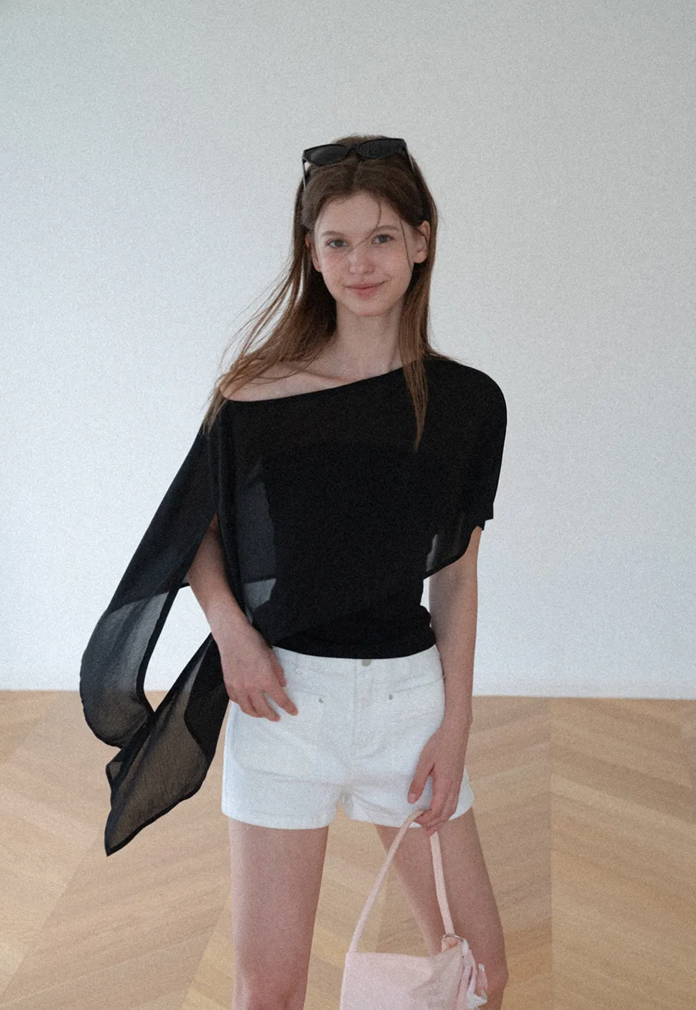 Asymmetrical Sheer Panel Off Shoulder T Shirt