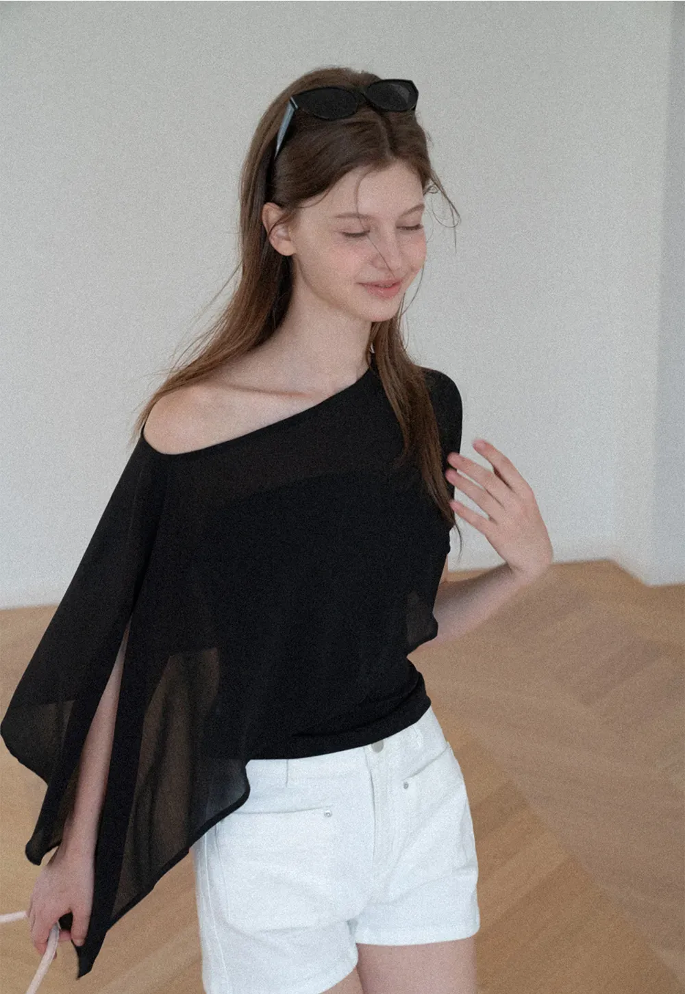 Asymmetrical Sheer Panel Off Shoulder T Shirt