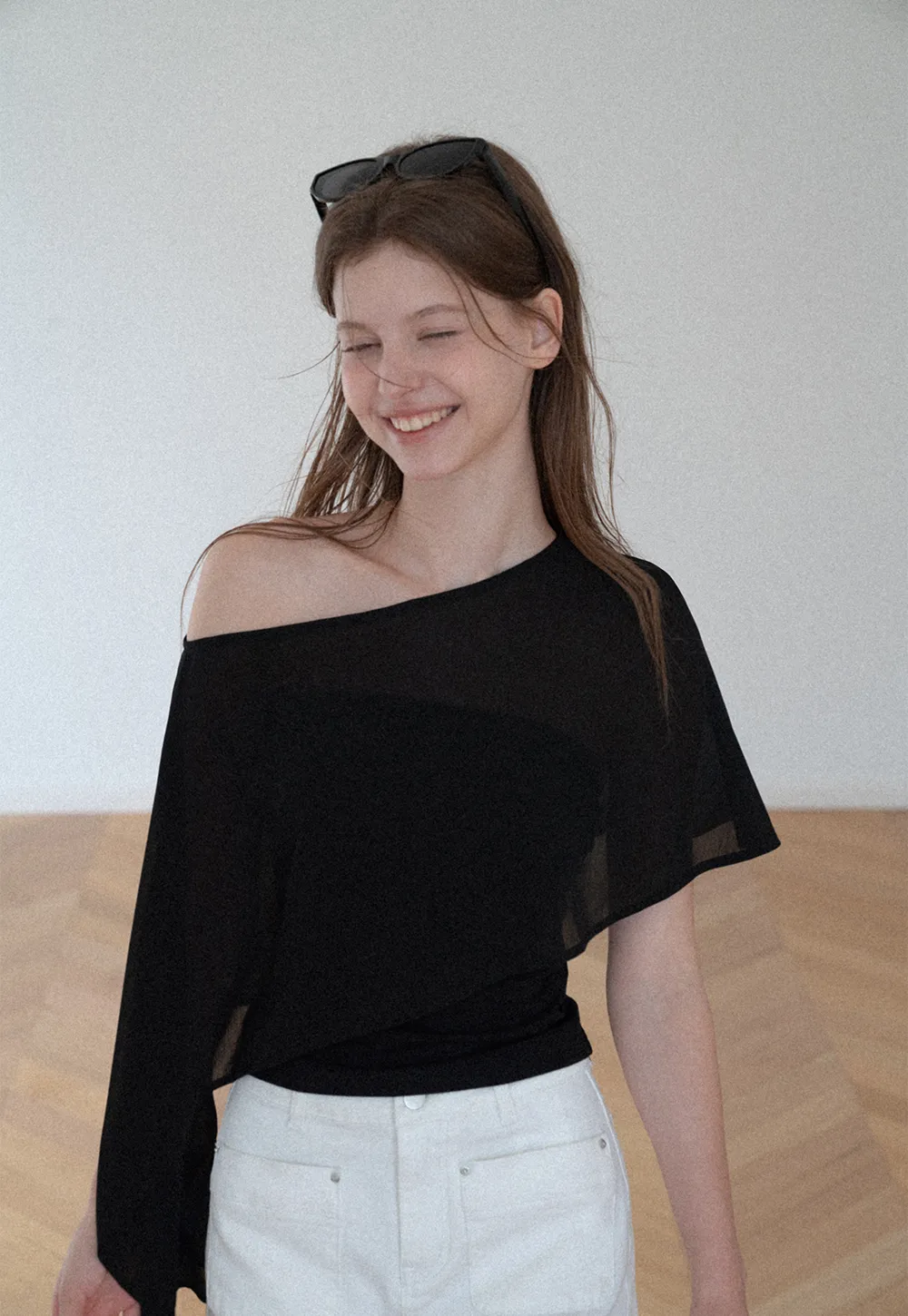 Asymmetrical Sheer Panel Off Shoulder T Shirt