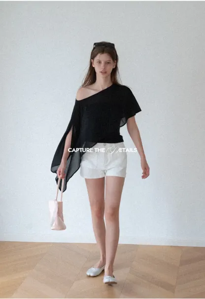 Asymmetrical Sheer Panel Off Shoulder T Shirt