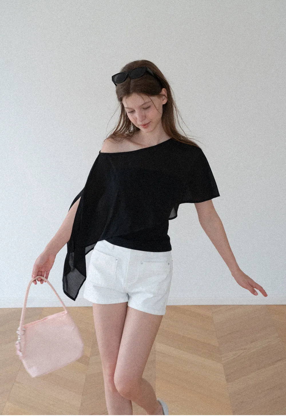 Asymmetrical Sheer Panel Off Shoulder T Shirt