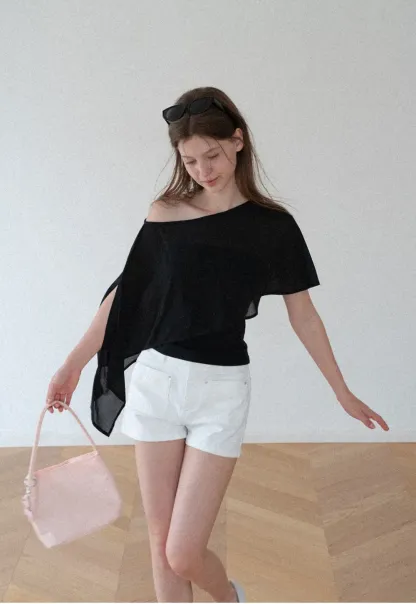 Asymmetrical Sheer Panel Off Shoulder T Shirt