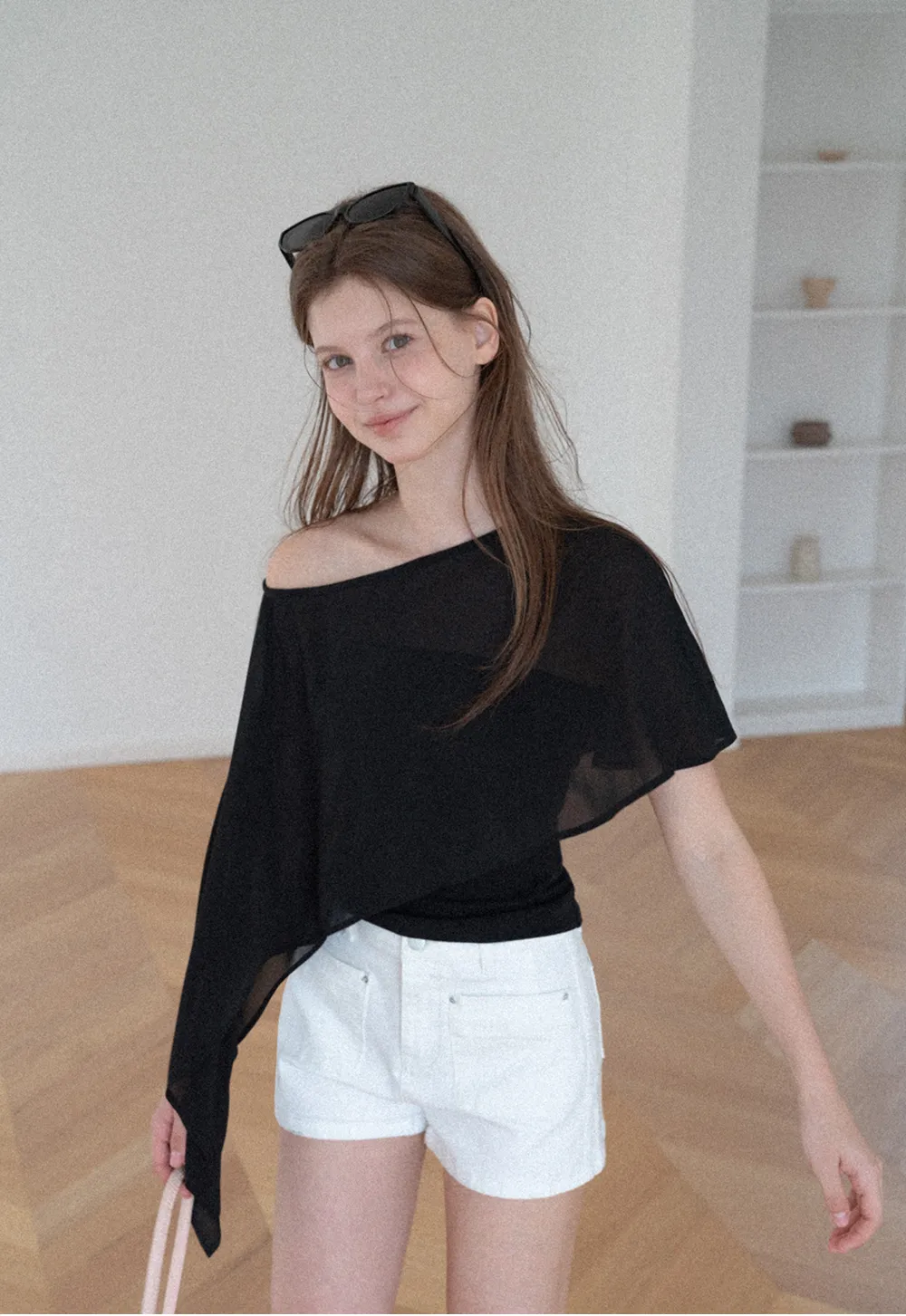 Asymmetrical Sheer Panel Off Shoulder T Shirt