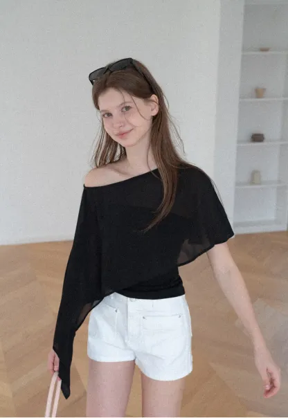 Asymmetrical Sheer Panel Off Shoulder T Shirt