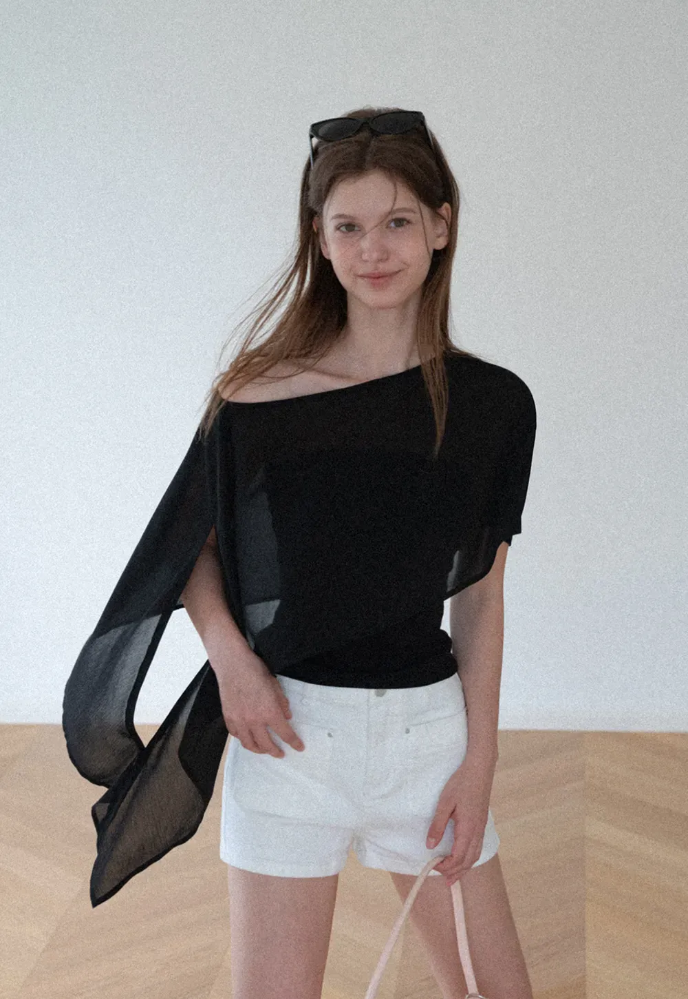 Asymmetrical Sheer Panel Off Shoulder T Shirt