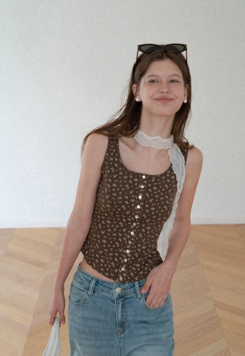 Floral Print Button Front Tank Top with Lace Trim