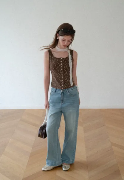 Floral Print Button Front Tank Top with Lace Trim