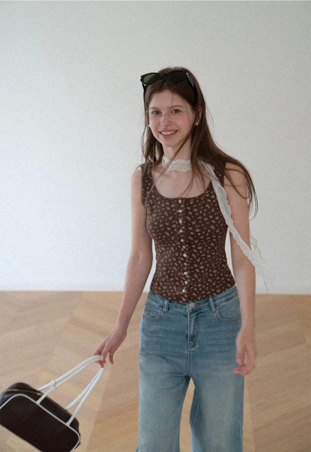 Floral Print Button Front Tank Top with Lace Trim