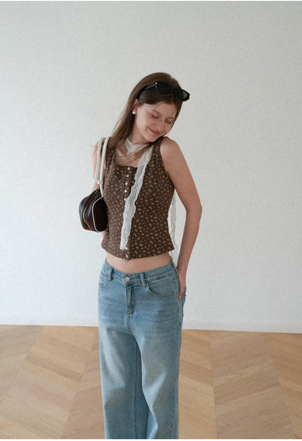 Floral Print Button Front Tank Top with Lace Trim