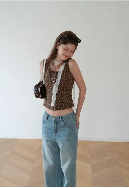 Floral Print Button Front Tank Top with Lace Trim