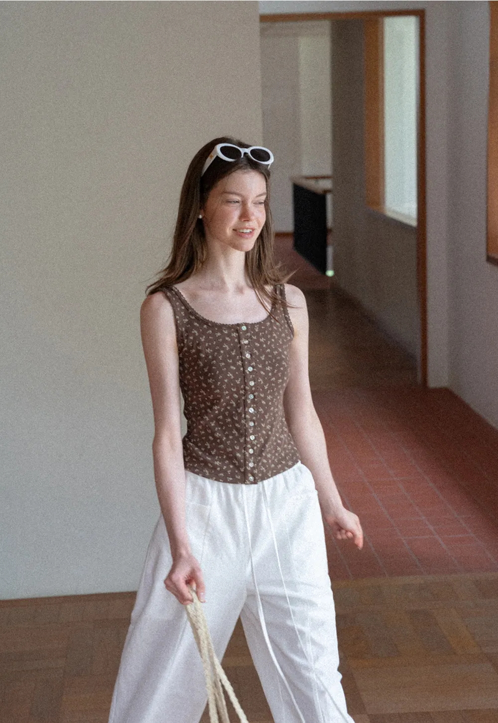 Floral Print Button Front Tank Top with Lace Trim