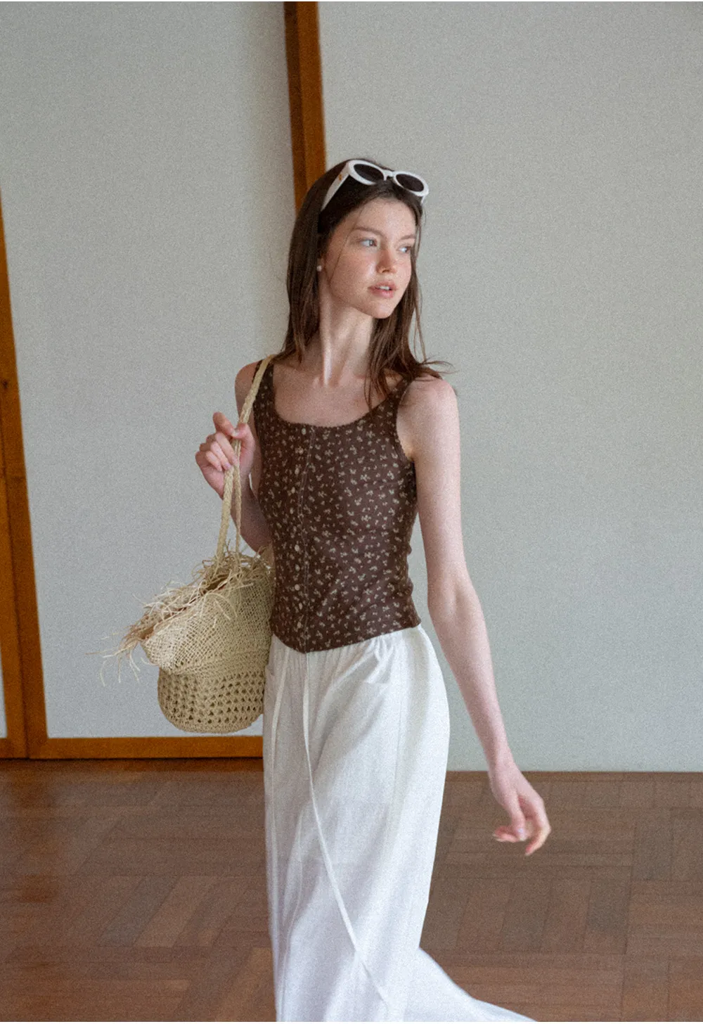Floral Print Button Front Tank Top with Lace Trim