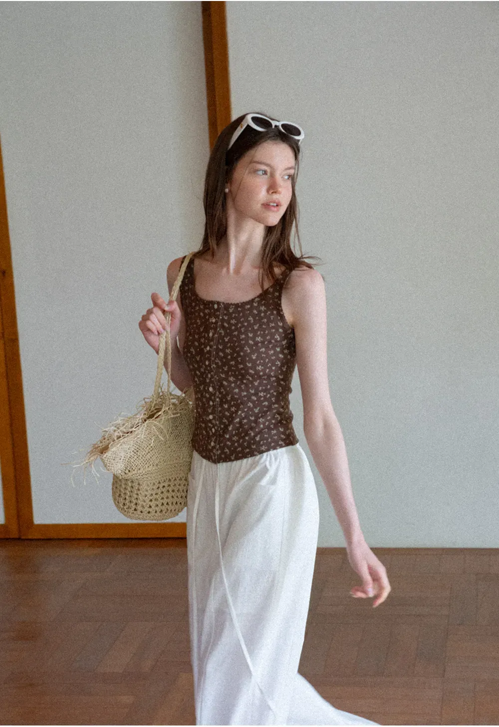 Floral Print Button Front Tank Top with Lace Trim