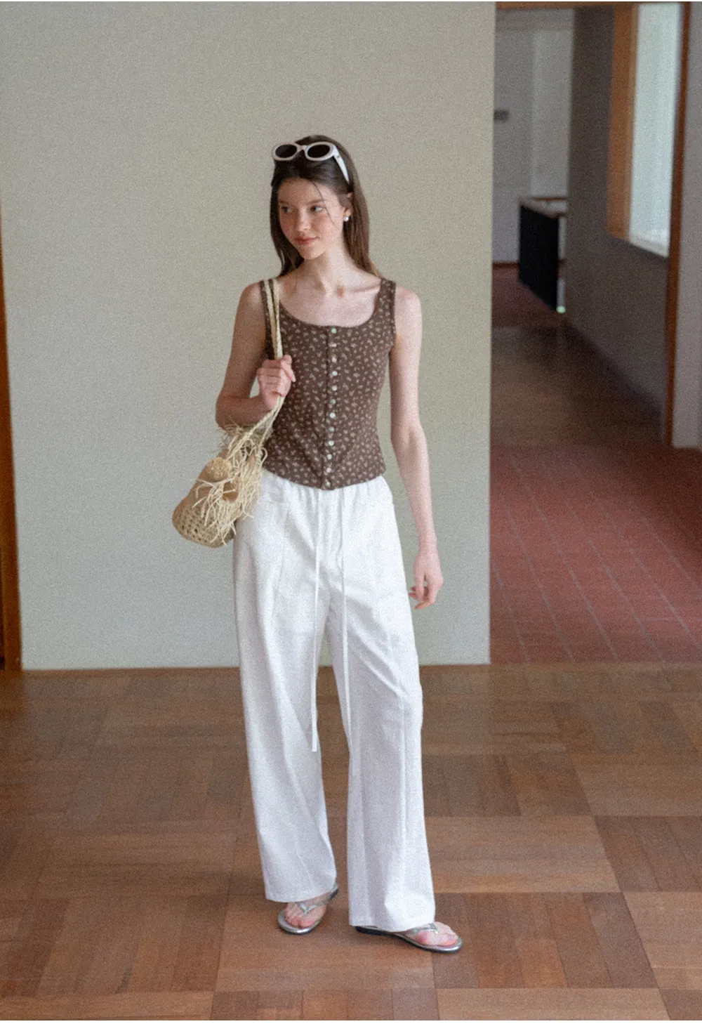 Floral Print Button Front Tank Top with Lace Trim