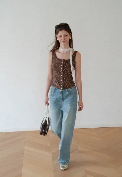 Floral Print Button Front Tank Top with Lace Trim