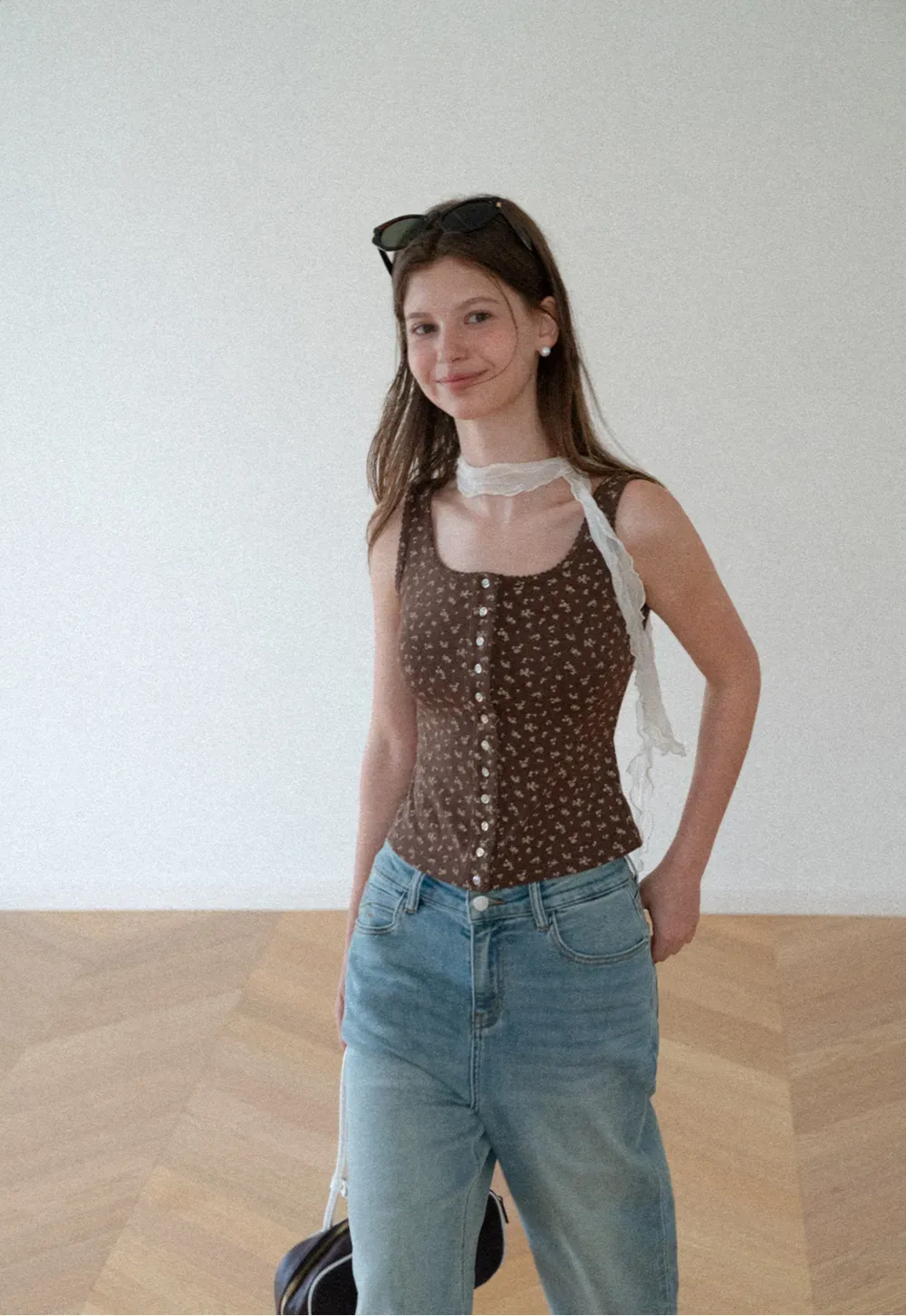 Floral Print Button Front Tank Top with Lace Trim