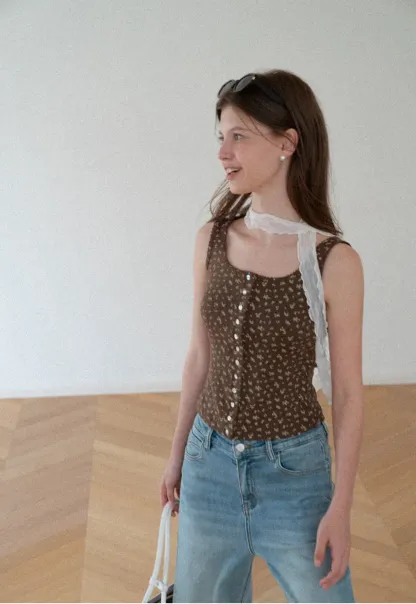Floral Print Button Front Tank Top with Lace Trim
