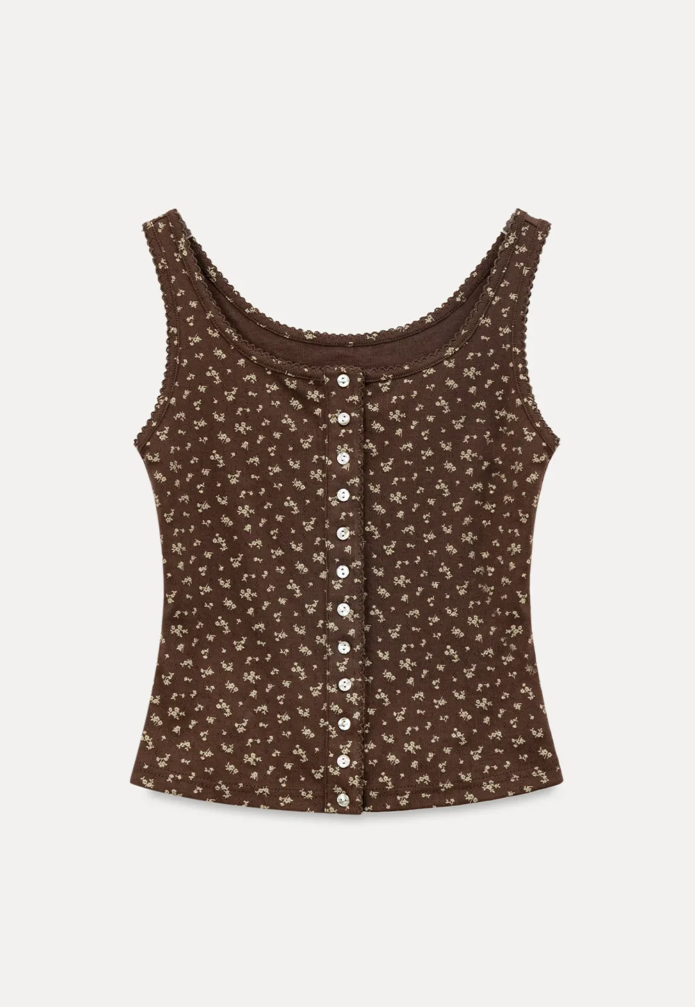 Floral Print Button Front Tank Top with Lace Trim